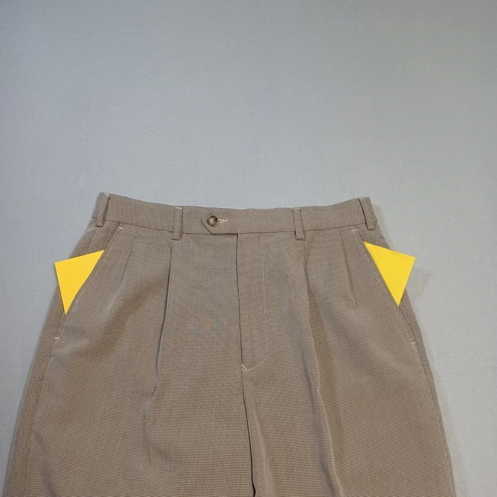 Ivy Crew Classics Mens 32x30 Tan Pleated Micro Check Cuffed Dress Pants Trousers